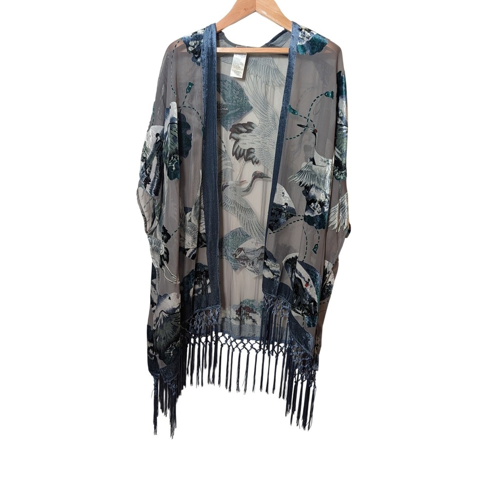 Chicos Sheer Kimono Wrap Crane Mountain Burnout Velvet Fringe Grey Blue L/XL